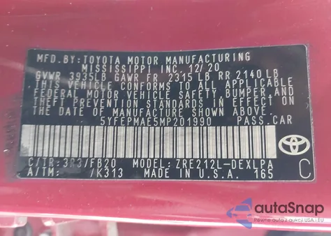 2021 Toyota Corolla Le from USA, damaged, VIN 5YFEPMAE5MP201990